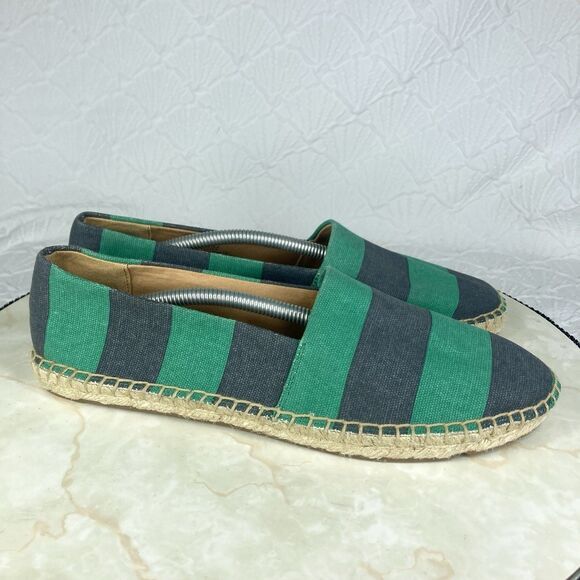 J. Crew Slip On Espadrille Flat Shoes 8 Navy Blue Green Striped Canvas Loafers - Picture 1 of 13